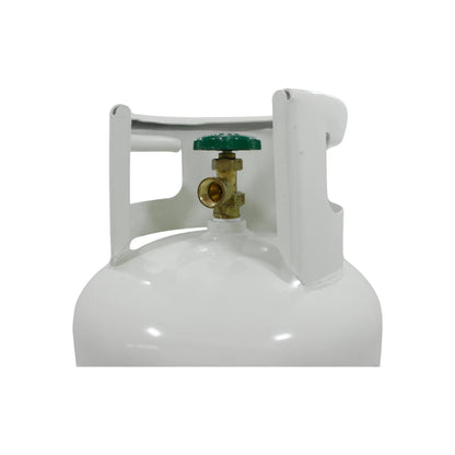 Tanque de gas LP blanco con válvula verde y asa protectora para uso doméstico o comercial