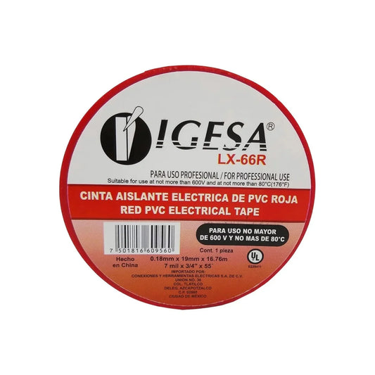 Cinta aislante eléctrica IGESA roja LX-66R PVC profesional 600V 80°C, 19mm x 16.76m (55').