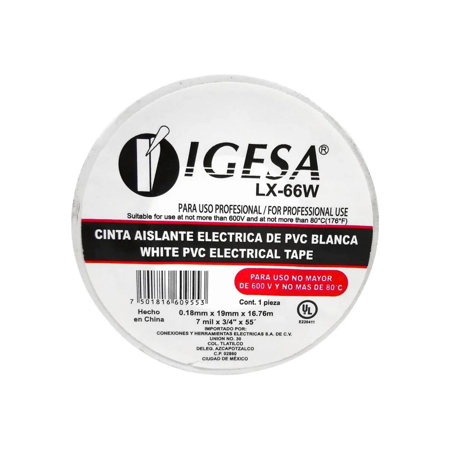 Cinta aislante eléctrica blanca Igesa LX-66W de PVC, 19mm x 16.76m, soporta 600V y 80°C, ferretería.