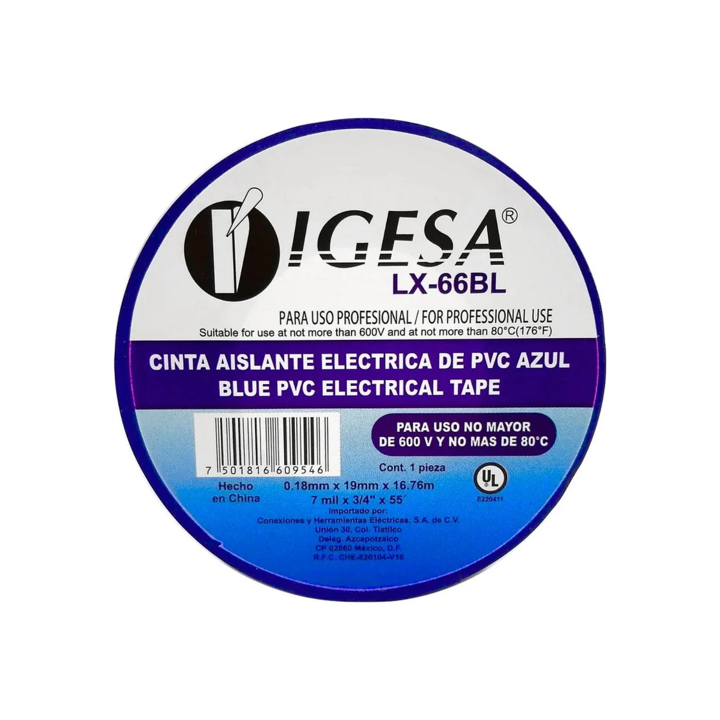 Cinta aislante azul Igesa de PVC para electricidad, profesional, 600V, 80°C, 16.76 metros.