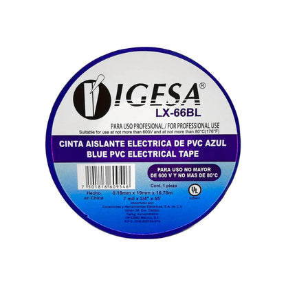 Cinta aislante azul Igesa de PVC para electricidad, profesional, 600V, 80°C, 16.76 metros.