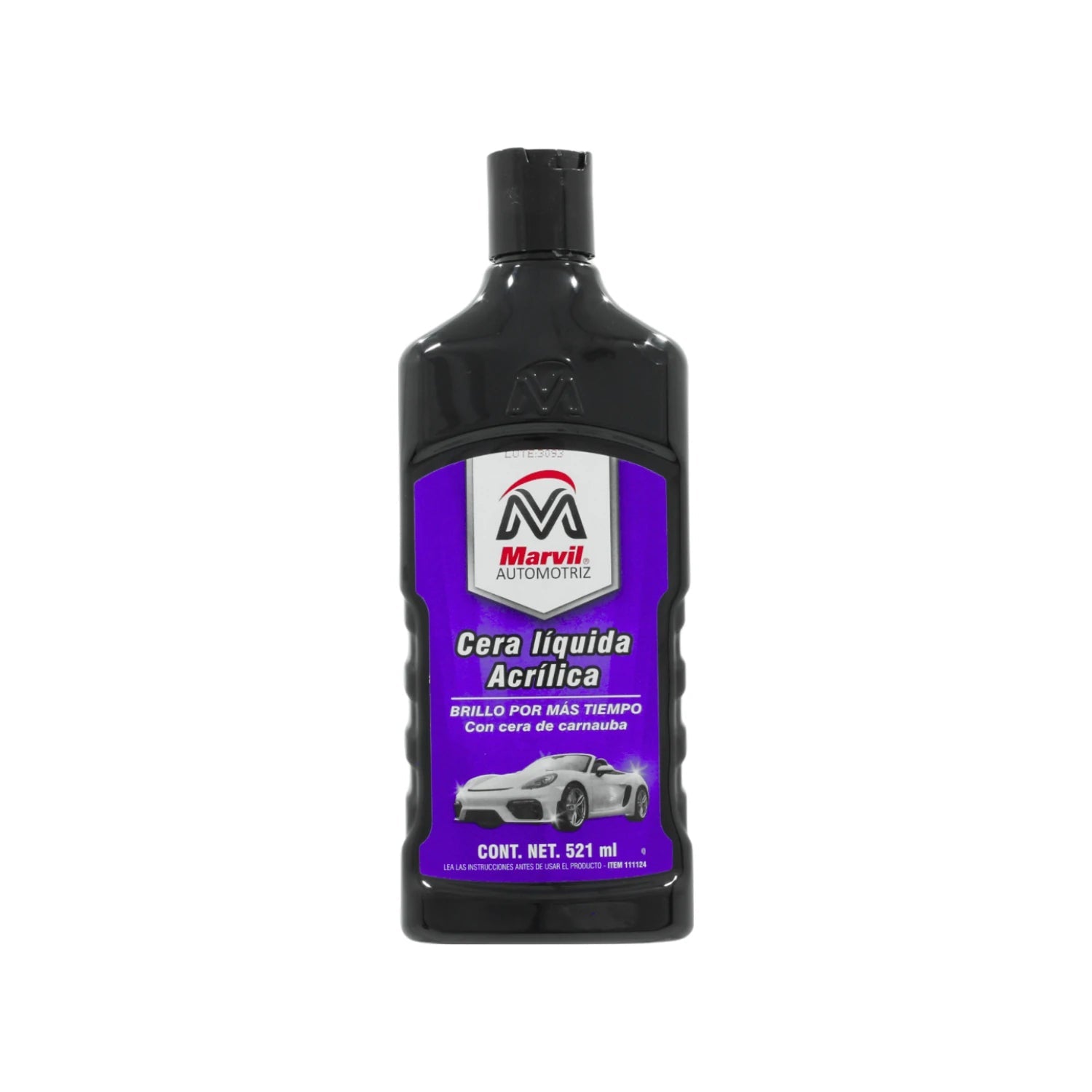 Cera líquida acrílica automotriz Marvil 521ml, fórmula con carnauba para brillo intenso en autos.