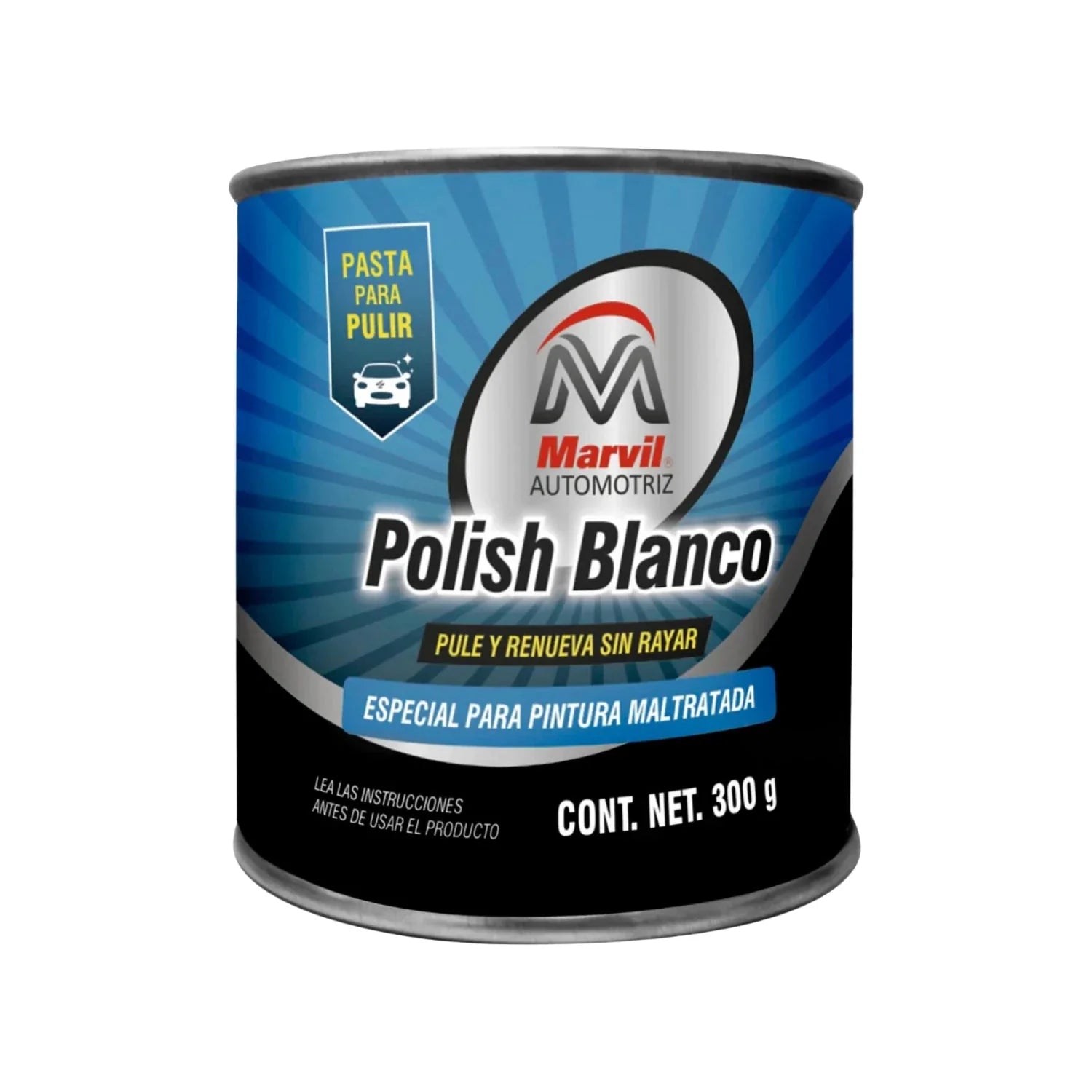 Pasta pulidora automotriz Marvil Polish Blanco 300g, restaura pintura maltratada sin rayar.