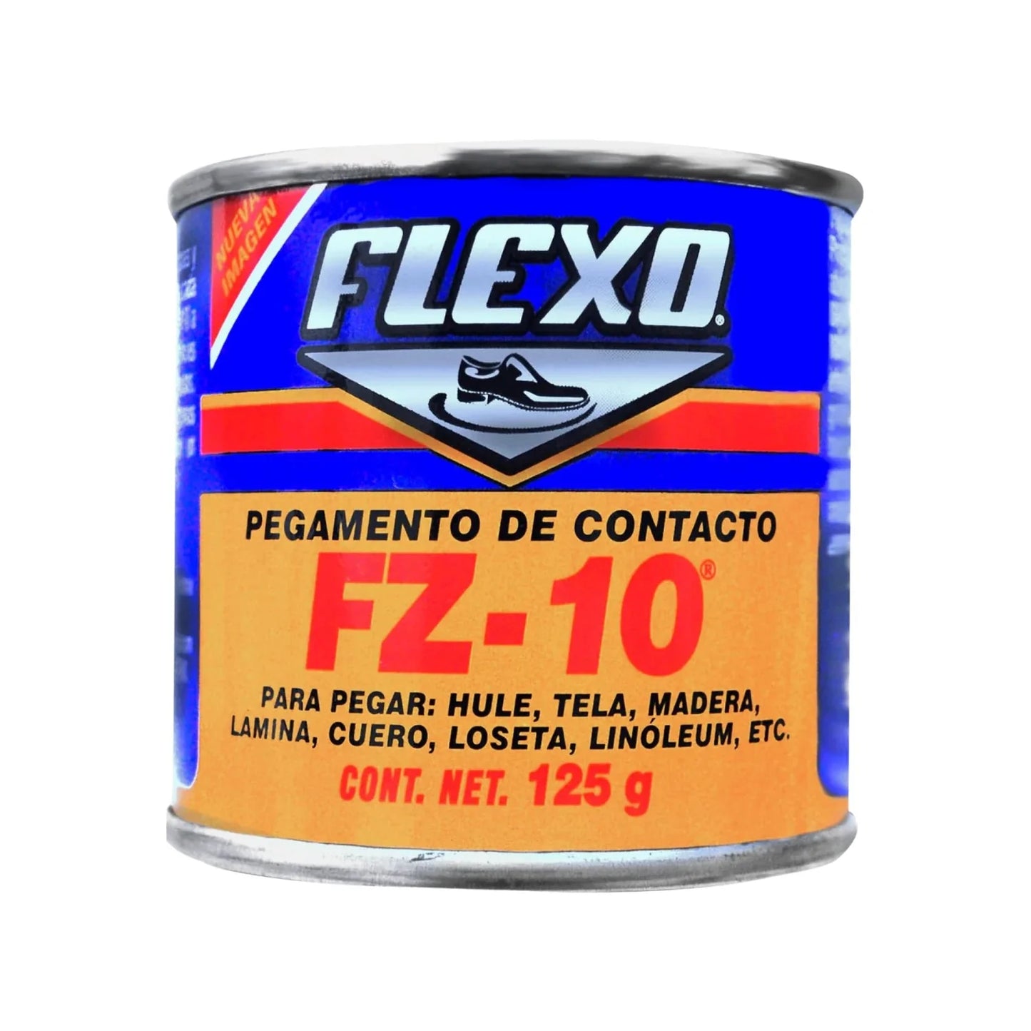 Pegamento de contacto Flexo FZ-10 para hule, tela, madera, cuero, loseta, linóleo. Lata azul 125g.