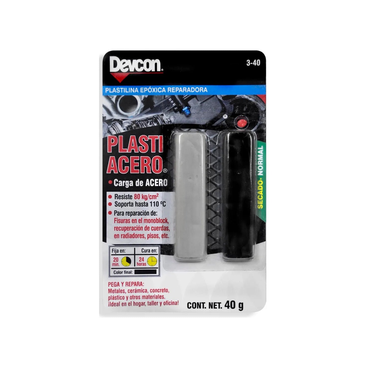 Plastilina epóxica de acero Devcon Plastiacero 40g. Repara metales, radiadores, fisuras, cerámica. Fija rápido.
