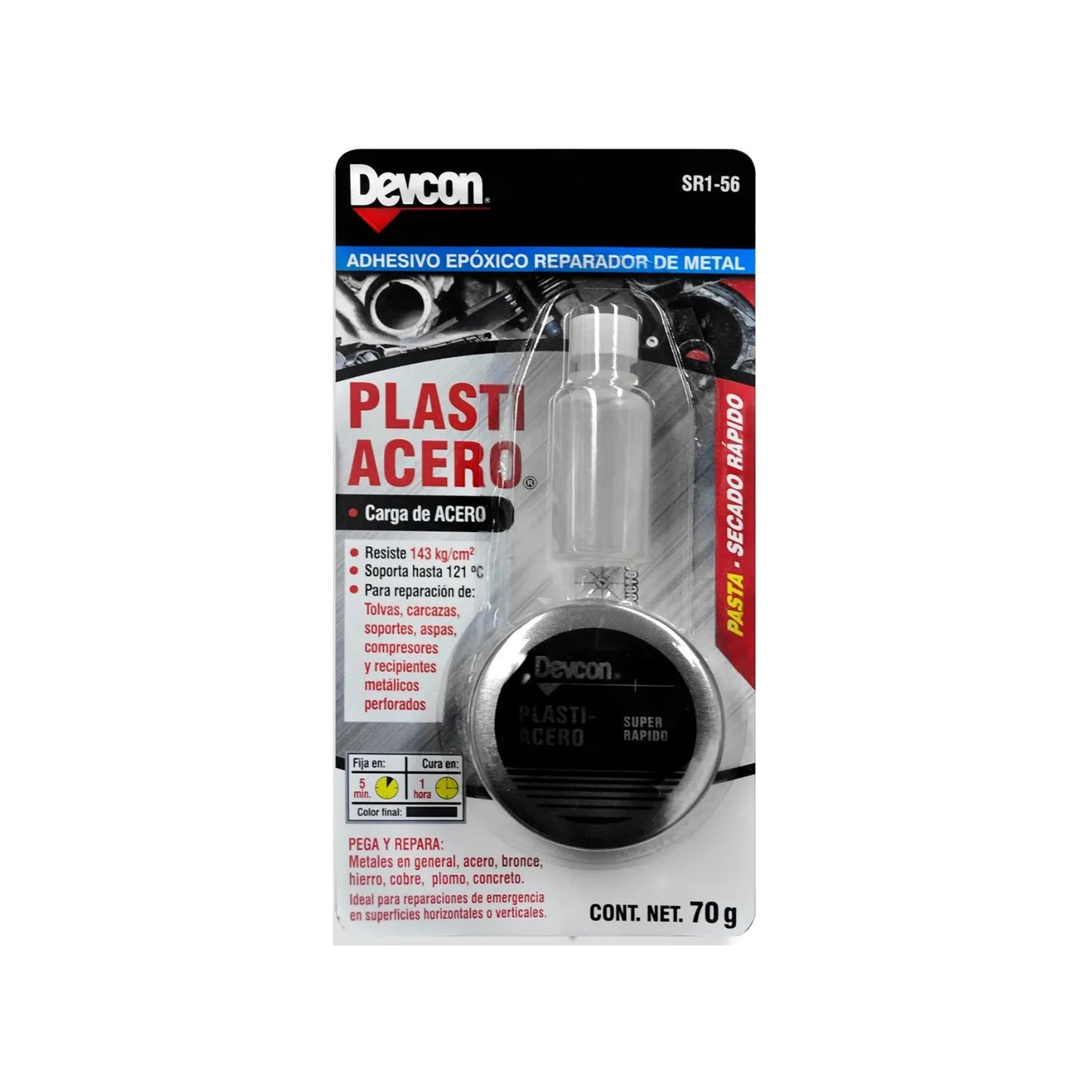 Adhesivo epóxico Devcon Plastiacero 70g para reparar metal, secado rápido 5min, alta resistencia, gris