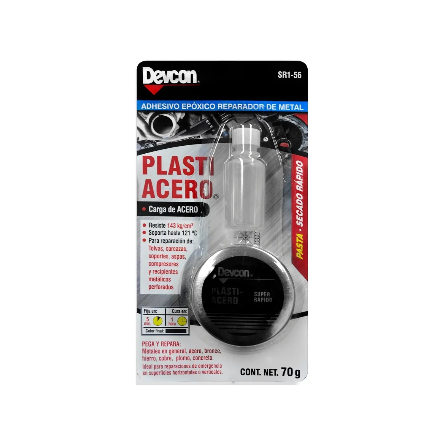 Adhesivo epóxico Devcon Plastiacero 70g para reparar metal, secado rápido 5min, alta resistencia, gris