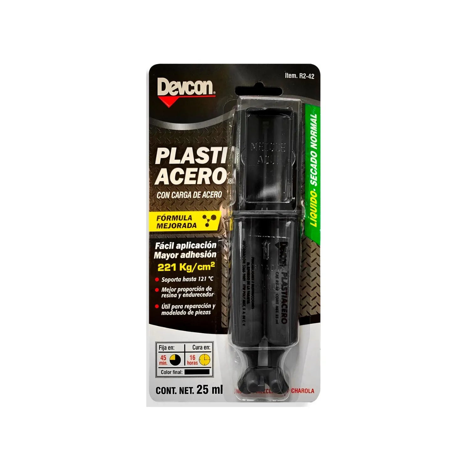 Devcon Plastiacero epoxi 25ml, adhesivo de acero para reparación de metal, gris oscuro. Fija en 45min, resiste 121°C.