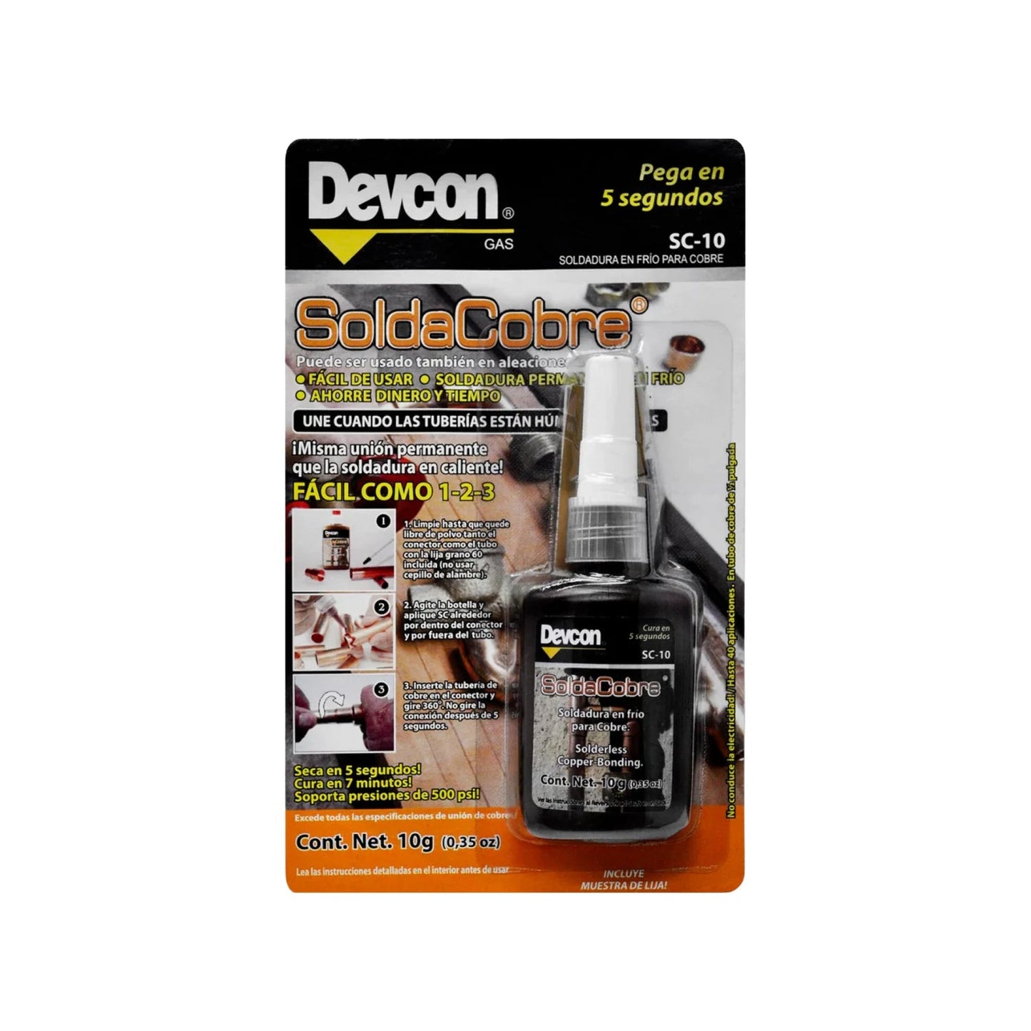 Soldadura fría Devcon SoldaCobre SC-10 10g para cobre. Une tuberías en 5 segundos, cura en 7 minutos a 500 psi.