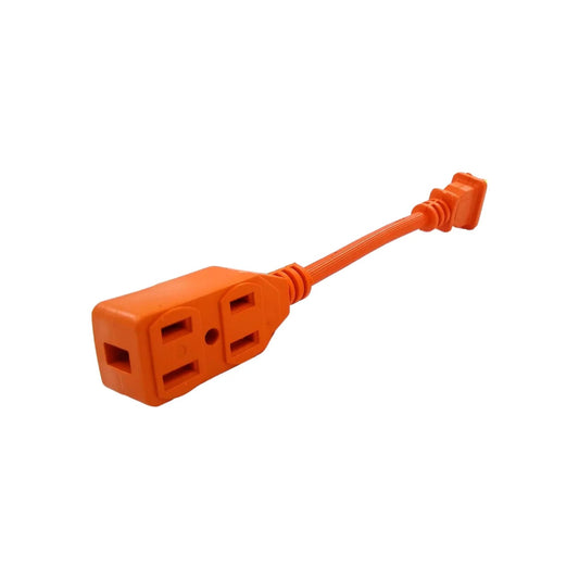 Extensión eléctrica triple uso rudo naranja de 15 cm con 3 tomas de corriente ideal para herramientas y trabajos.