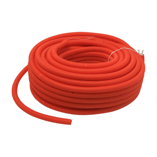 Tubo corrugado flexible naranja en rollo para instalación eléctrica y protección de cables.