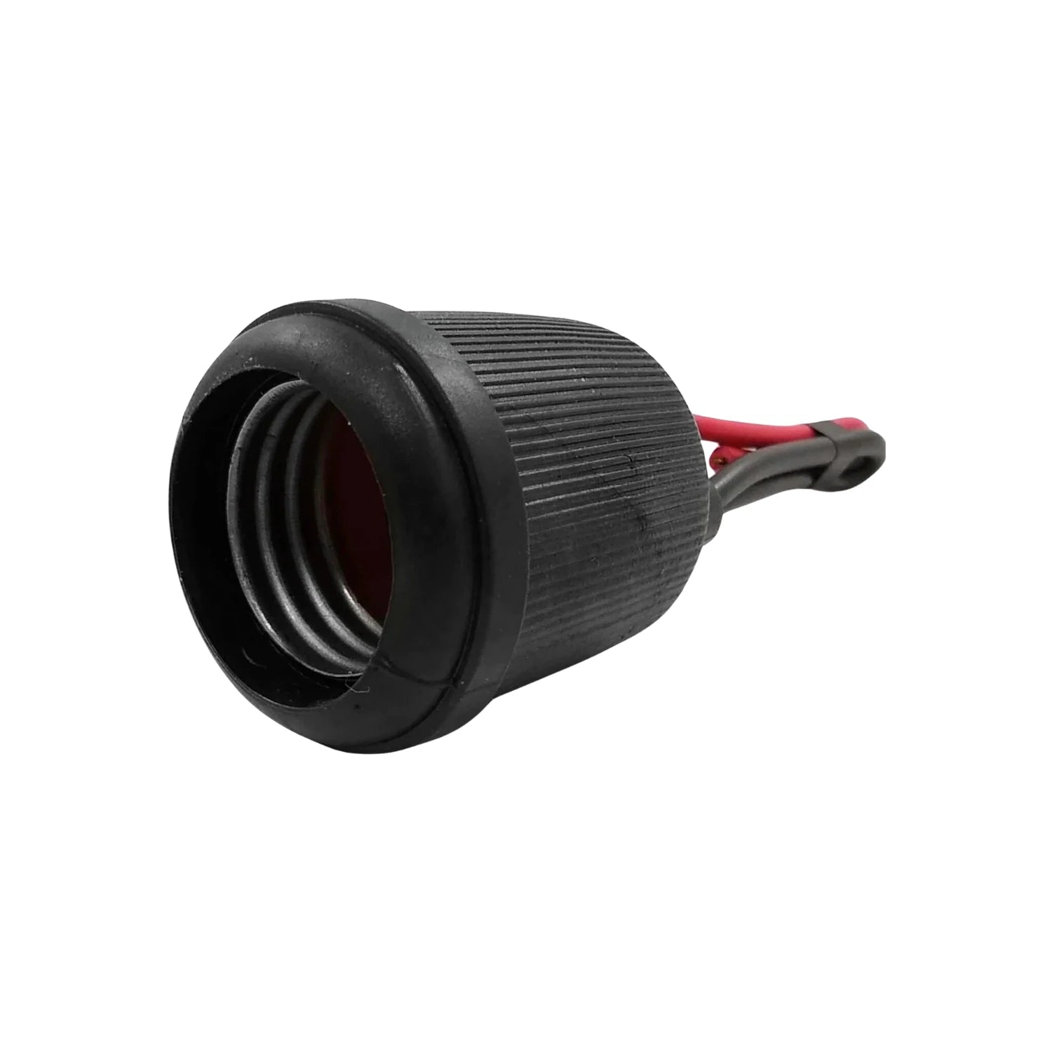 Socket portalámparas negro de intemperie, roscado con cableado para conexión de bombillas exteriores.