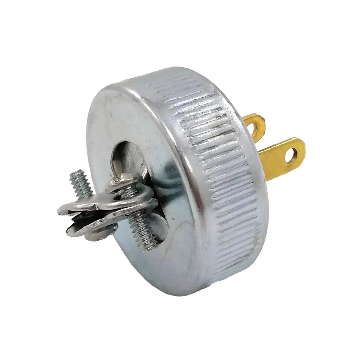 Clavija eléctrica industrial metálica de 2 polos con prongs de latón y terminales de tornillo.