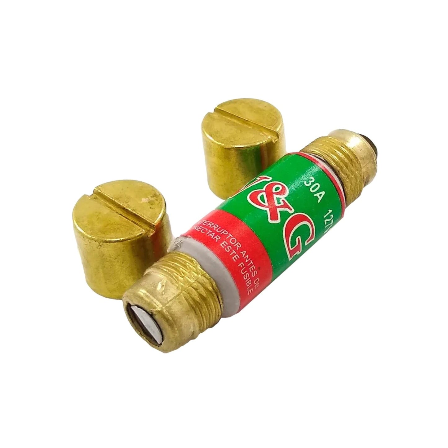 Fusible eléctrico de cartucho D&G 30 amperes, cuerpo verde y rojo con terminales de latón.