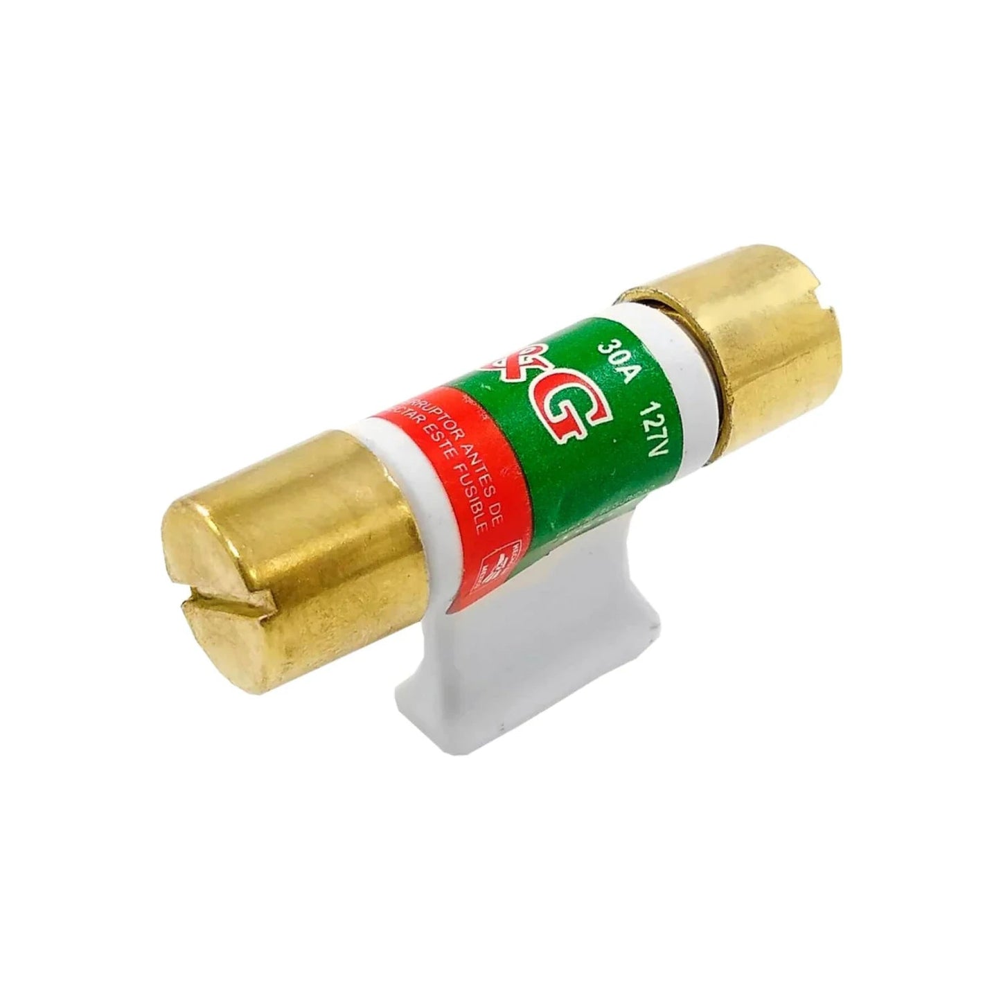 Fusible tipo cartucho V&G 30A 127V con soporte blanco para protección de circuitos eléctricos