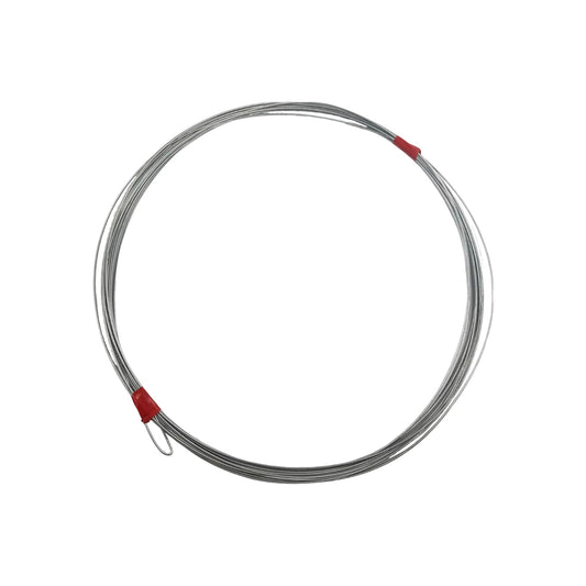 Guía para cableado de acero enrollada 25m, plateada con topes rojos, para instalaciones eléctricas profesionales.