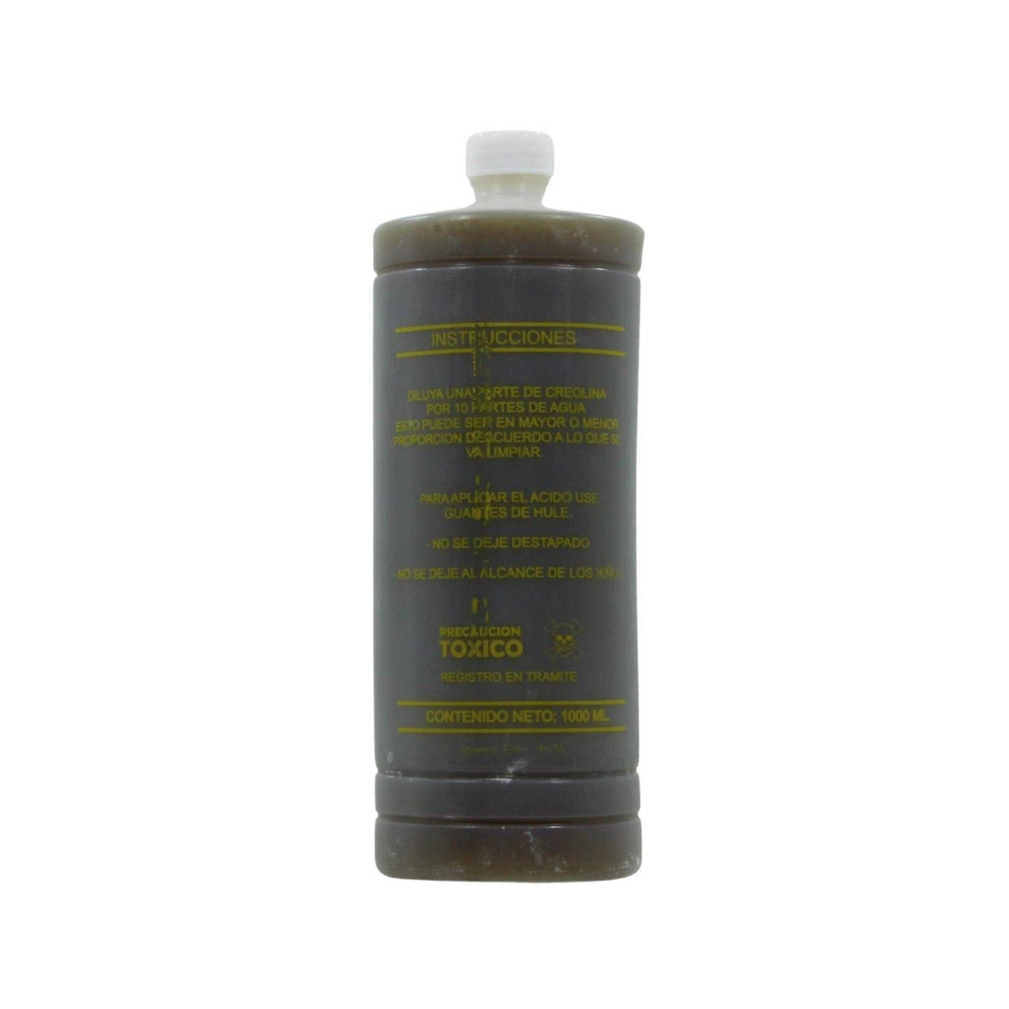 Creolina desinfectante y limpiador concentrado 1 litro, botella oscura con etiqueta de peligro tóxico.