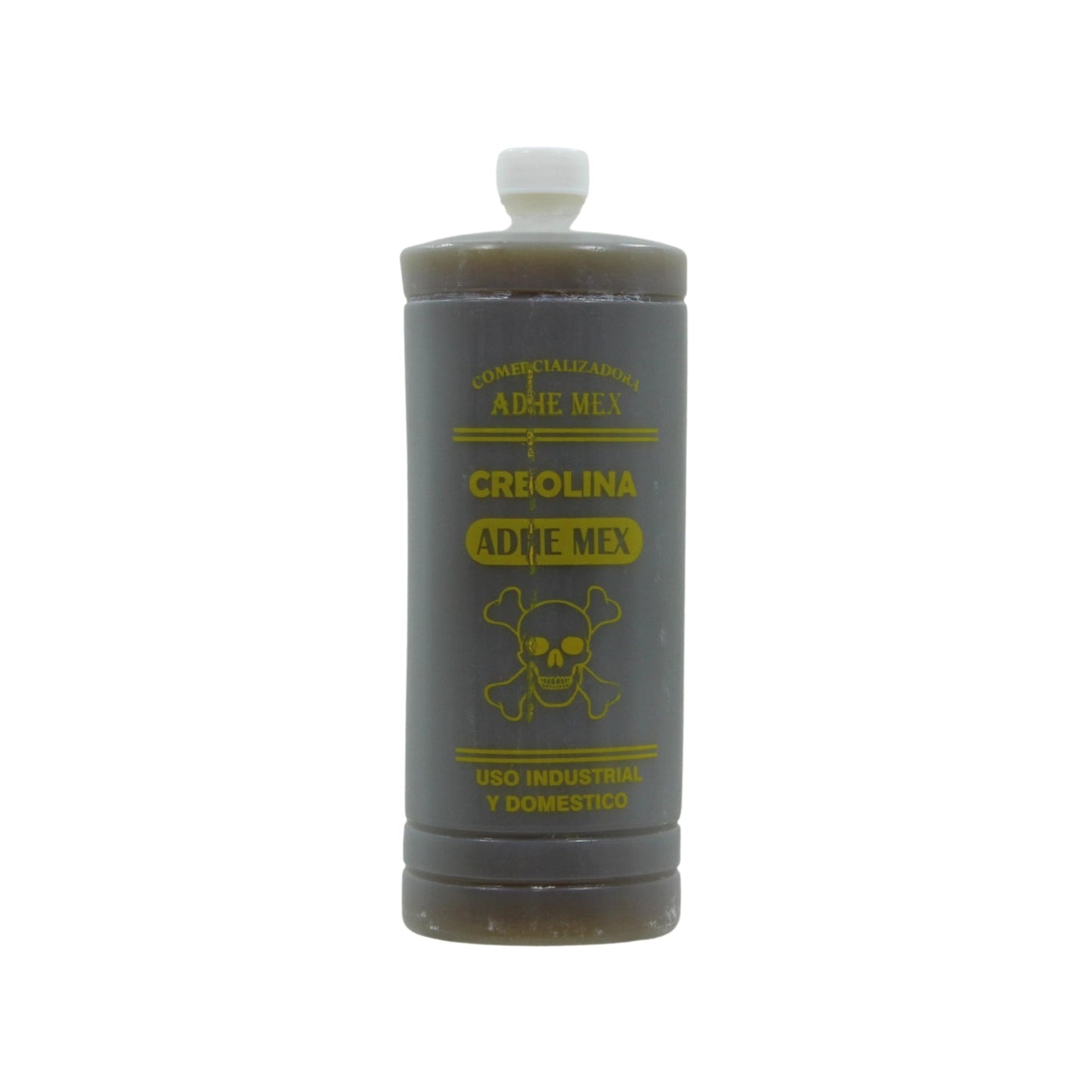 Creolina Adhe Mex líquida en botella gris con símbolo de peligro para uso industrial y doméstico