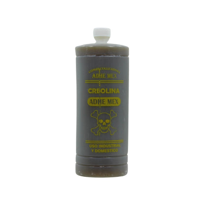 Creolina Adhe Mex líquida en botella gris con símbolo de peligro para uso industrial y doméstico