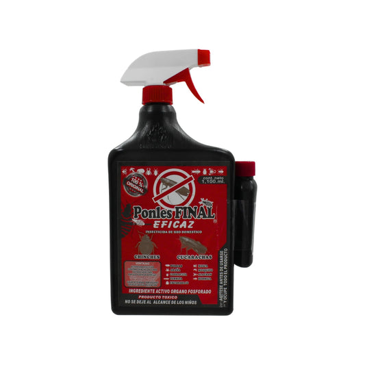 Insecticida Ponles Final eficaz 1.1 litros en spray negro para chinches, cucarachas, arañas y plagas domésticas.