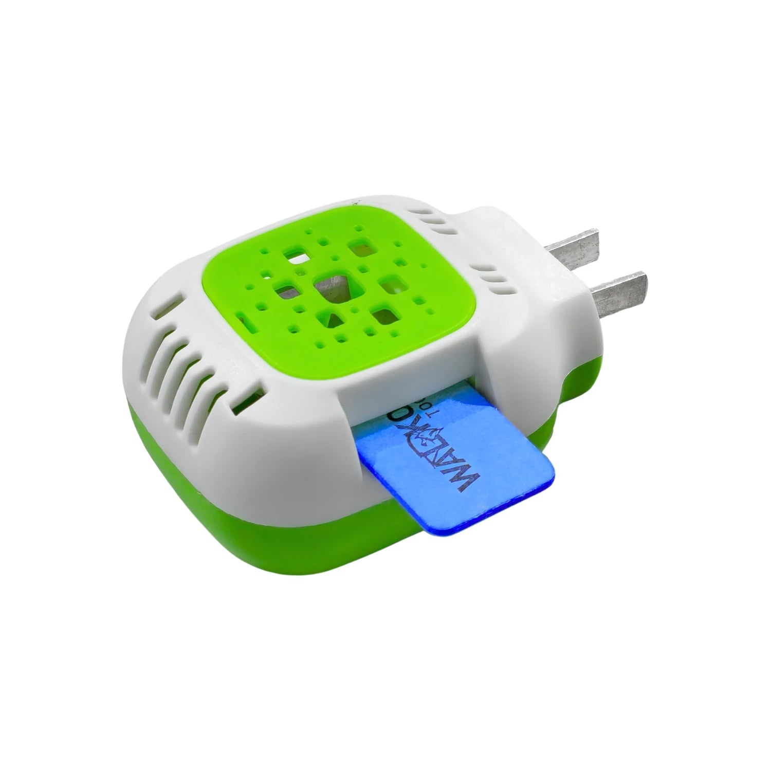 Repelente eléctrico Waldko para mosquitos e insectos, enchufe blanco y verde, con lámina azul.