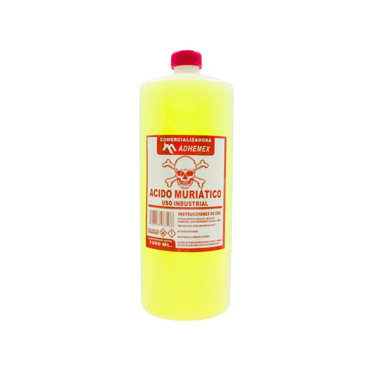 Ácido muriático Adhemex 1L para uso industrial, potente limpiador y desincrustante en botella de 1000 ml.