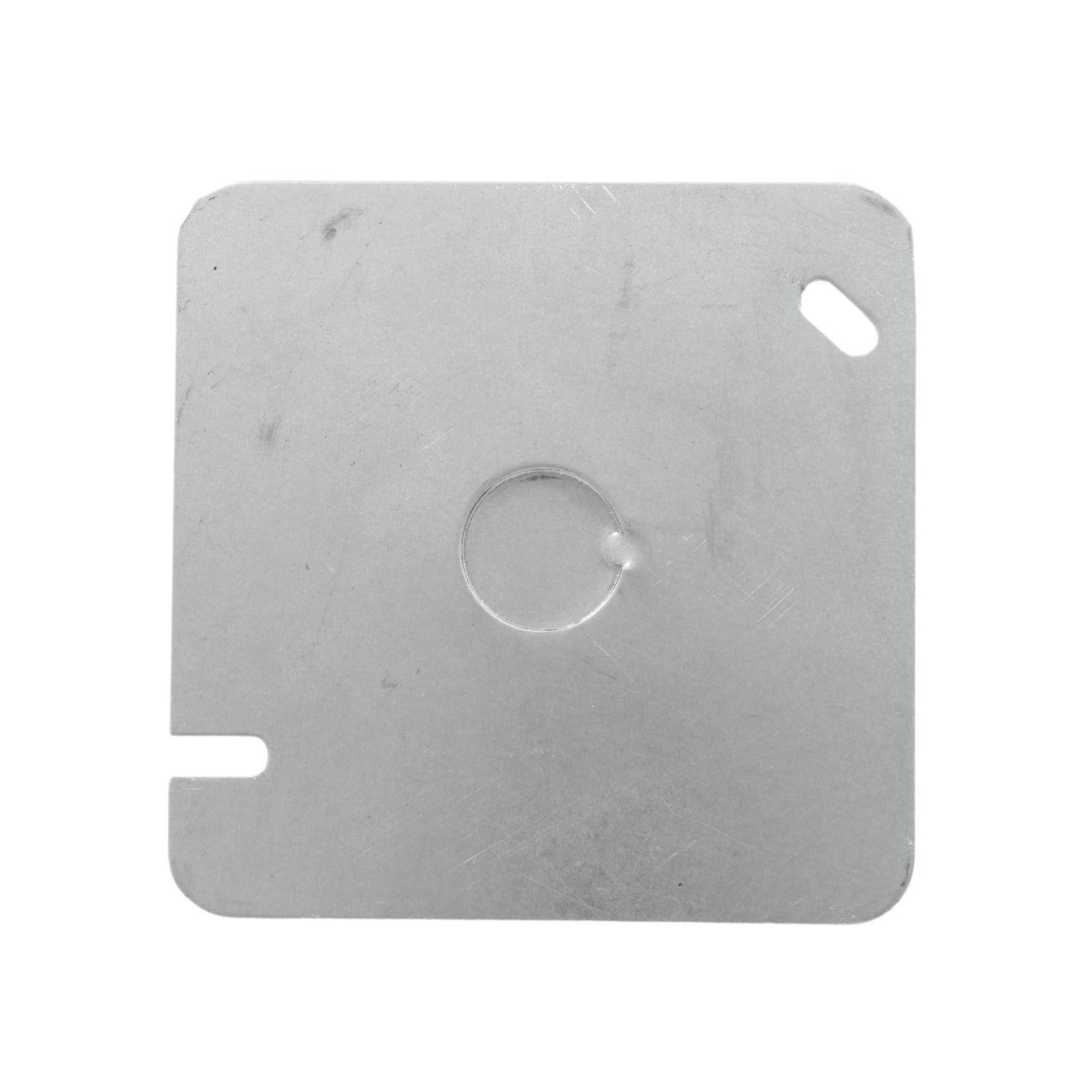Tapa cuadrada de metal gris para caja eléctrica, con pre-perforación central y orificios de fijación.