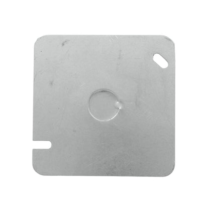 Tapa cuadrada de metal gris para caja eléctrica, con pre-perforación central y orificios de fijación.