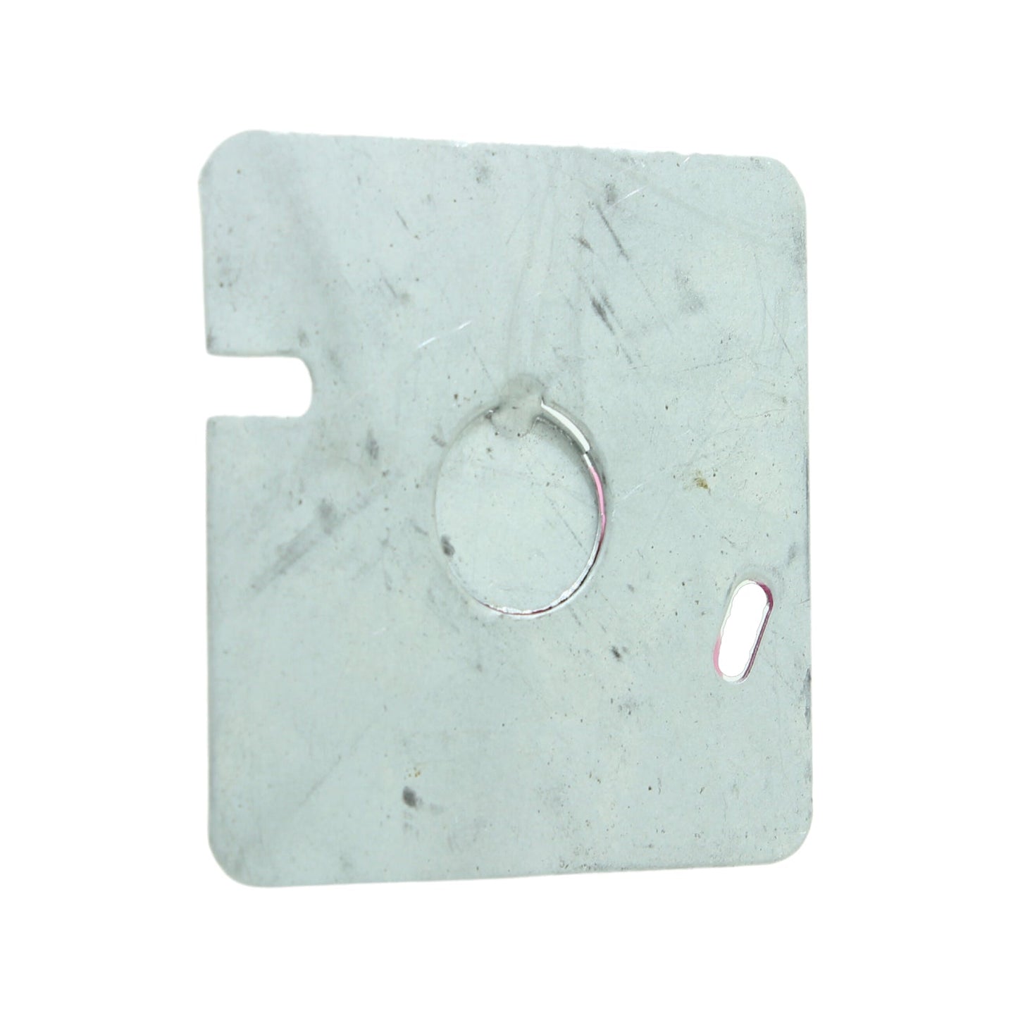 Tapa cuadrada de acero 4x4 para caja eléctrica, con orificio central, ranura y corte lateral, gris