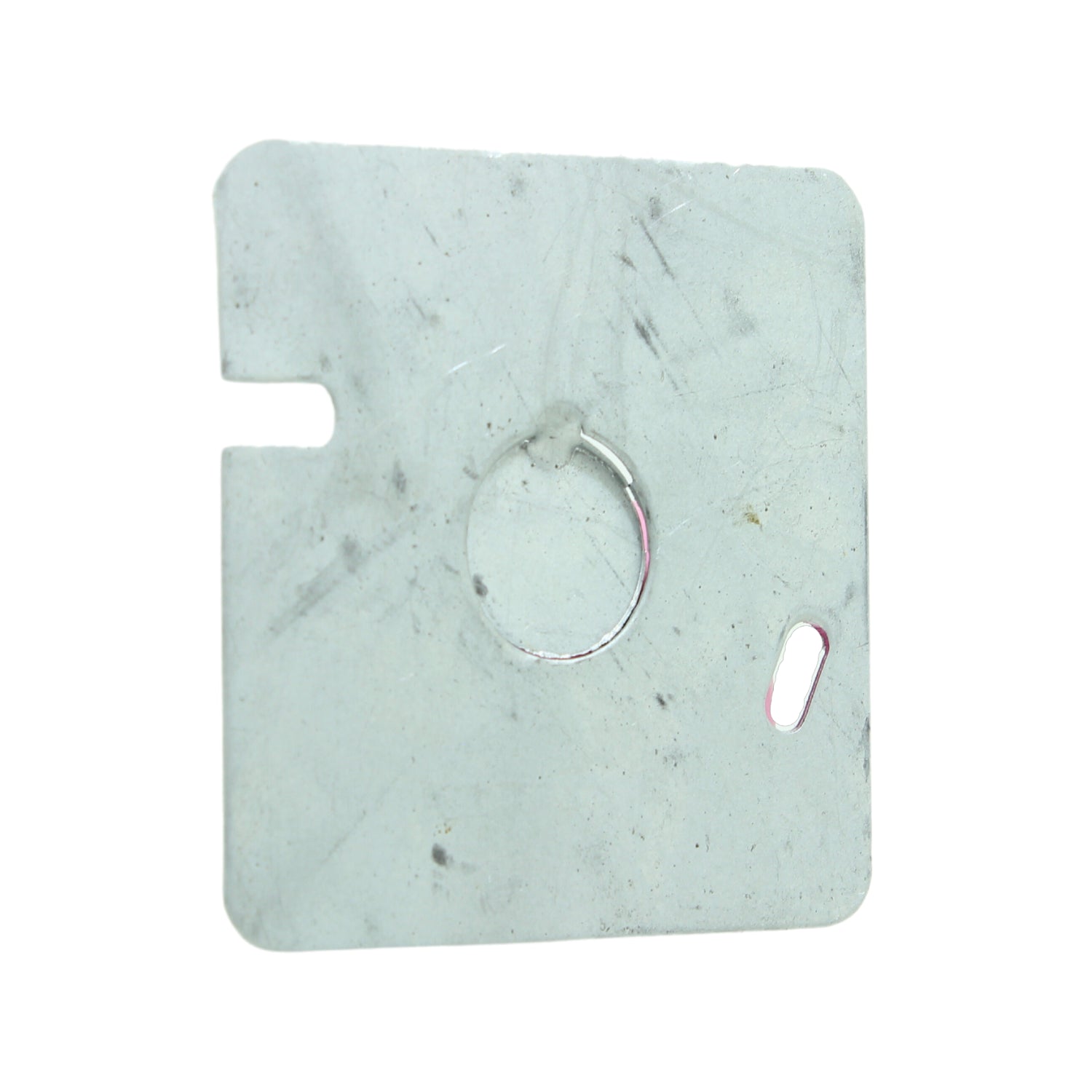 Tapa cuadrada de acero 4x4 para caja eléctrica, con orificio central, ranura y corte lateral, gris