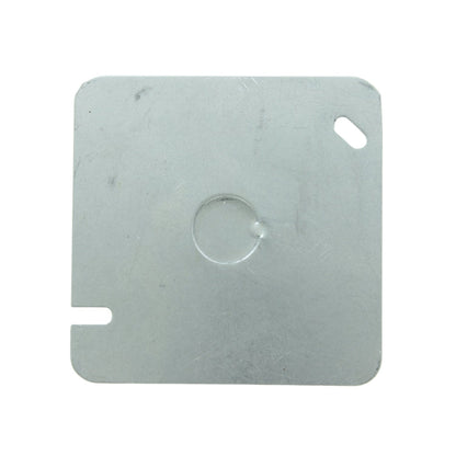 Tapa cuadrada de metal galvanizado para caja eléctrica 4x4 con knockout central y ranuras.