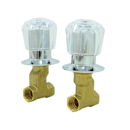 Llaves de regadera roscables de latón con manerales acrílicos transparentes y cubiertas cromadas.