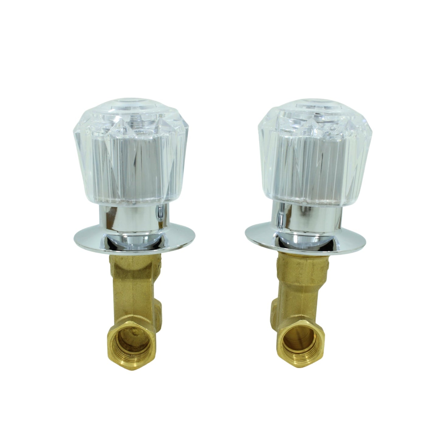 Llaves para regadera roscables con maneral de acrílico transparente, base cromada y cuerpo de latón.