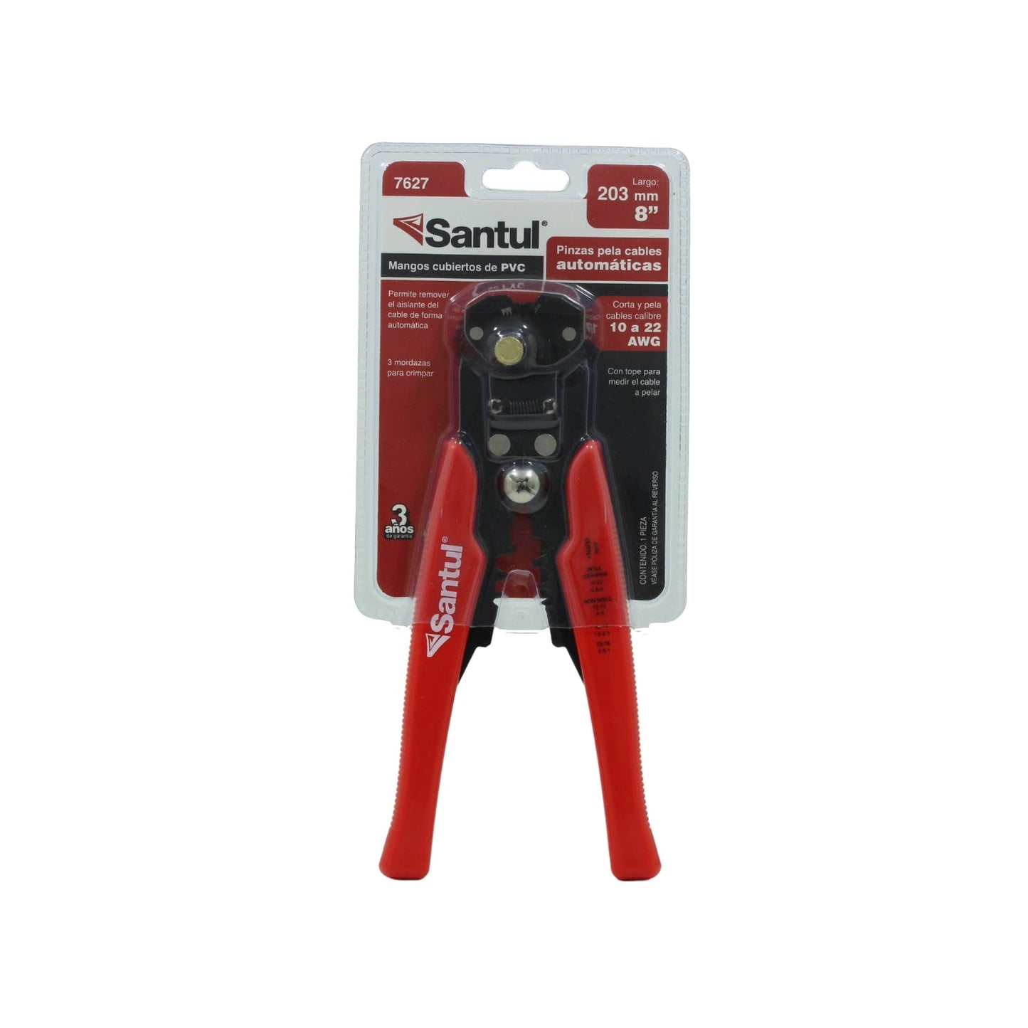 Pinza pelacables automática Santul 7627 de 8" con mangos rojos de PVC, corta y pela cables 10-22 AWG.