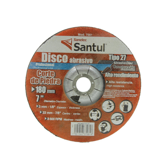 Disco abrasivo Santul 7" (180mm) corte piedra, concreto, 3mm espesor, Tipo 27.