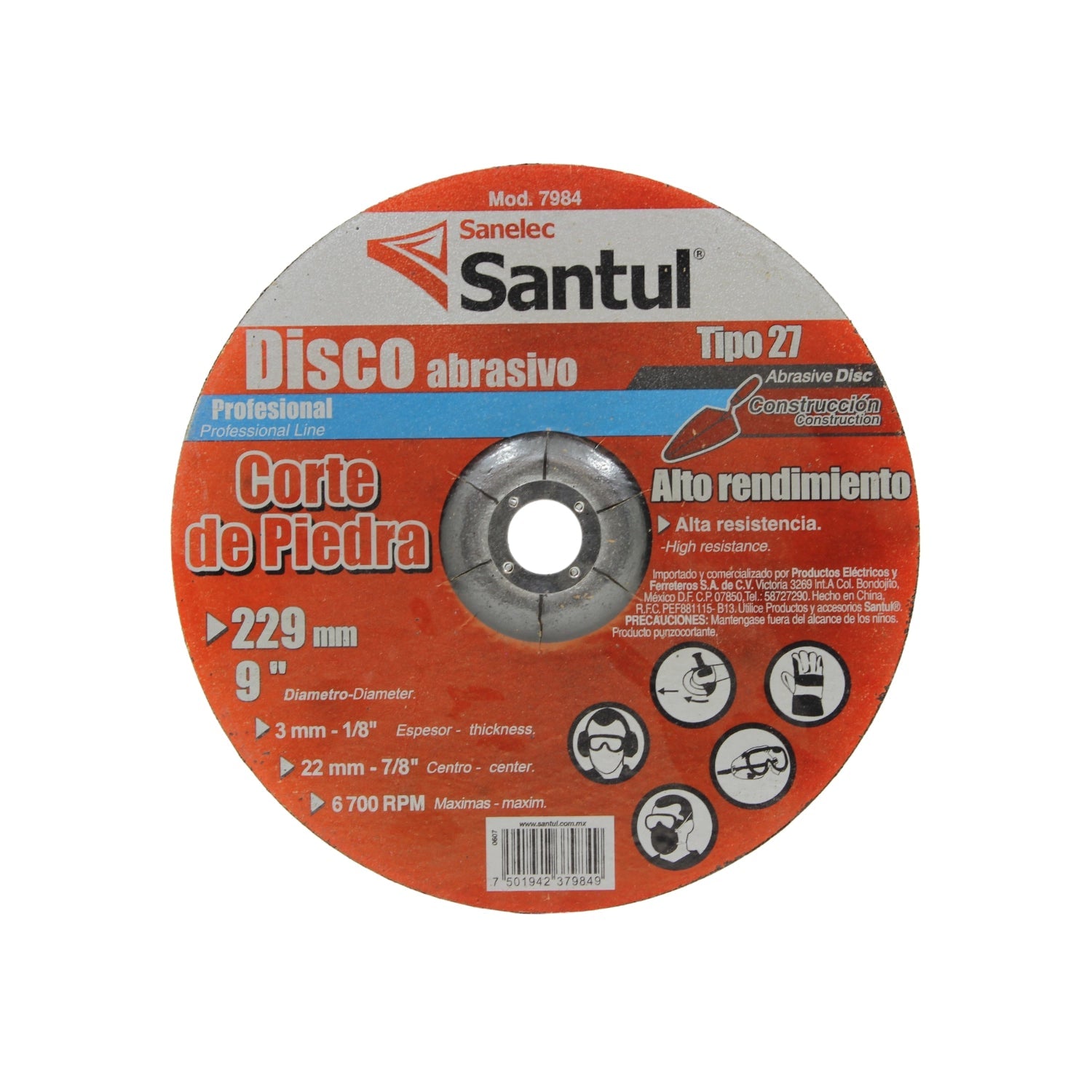Disco abrasivo Santul 9" (229mm) profesional para corte de piedra, Tipo 27, 6700 RPM, alta resistencia.
