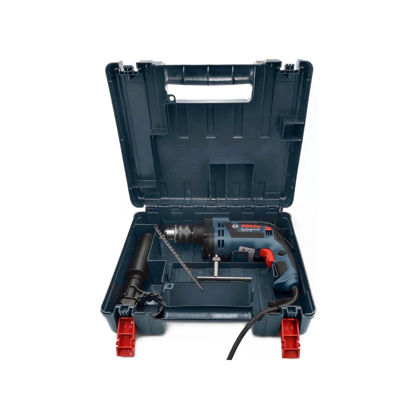 Rotomartillo percutor Bosch GSB 16 RE azul 1/2 pulgada con empuñadura auxiliar y maletín de transporte.