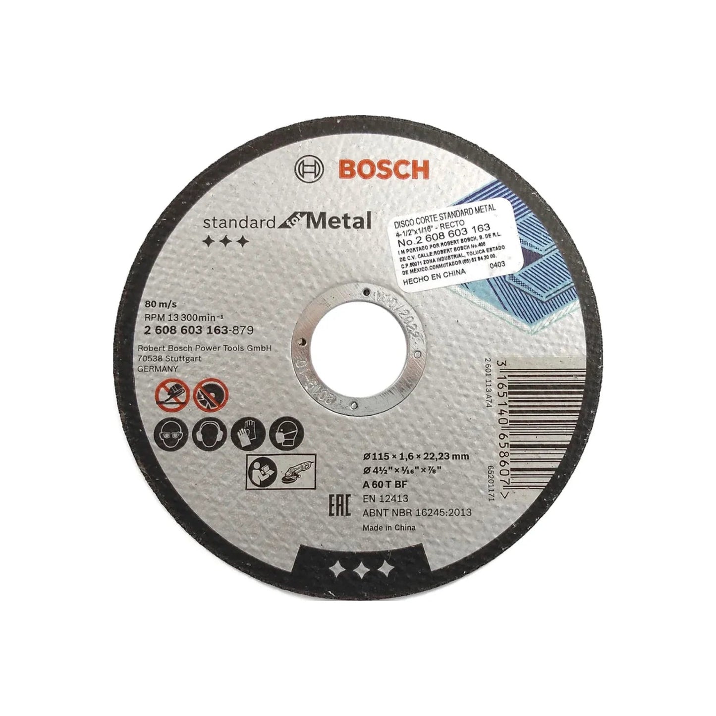 Disco de corte Bosch Standard Metal 115mm (4.5") para amoladora angular, 1.6mm, PN 2608603163.