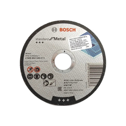 Disco de corte Bosch Standard Metal 115mm (4.5") para amoladora angular, 1.6mm, PN 2608603163.