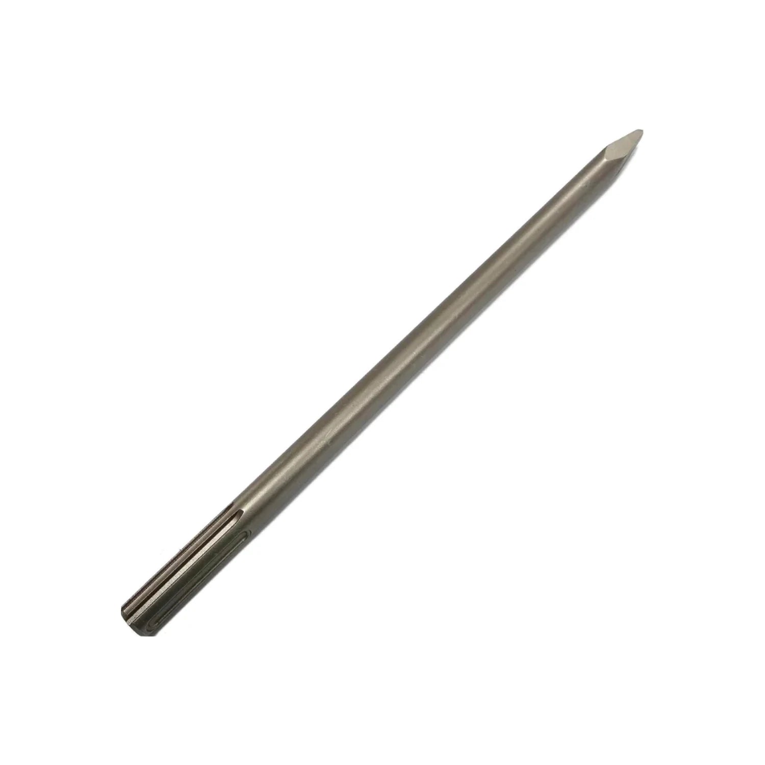 Cincel de punta afilada SDS max metálico, accesorio robusto para martillo percutor en demolición de hormigón.