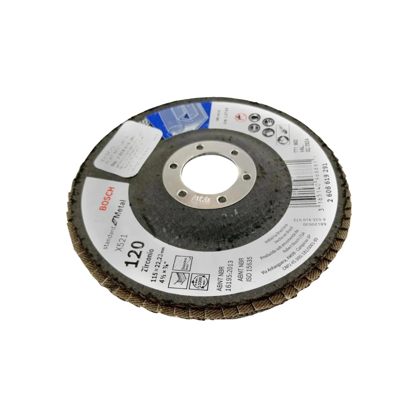Disco laminado Bosch Standard X521 Zirconio grano 120 para metal y acero inoxidable, 115x22.23mm.