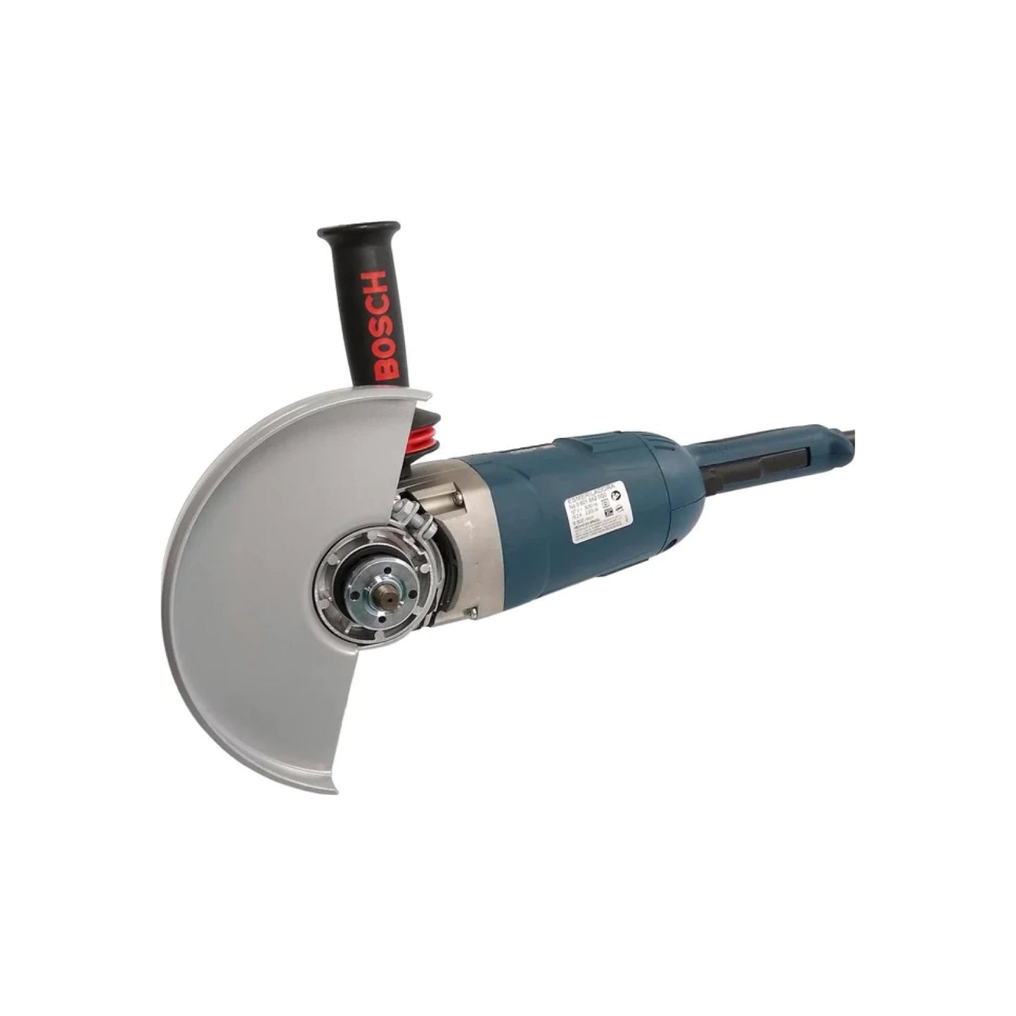 Esmeriladora angular Bosch azul con guarda de seguridad gris y mango auxiliar negro para ferretería.