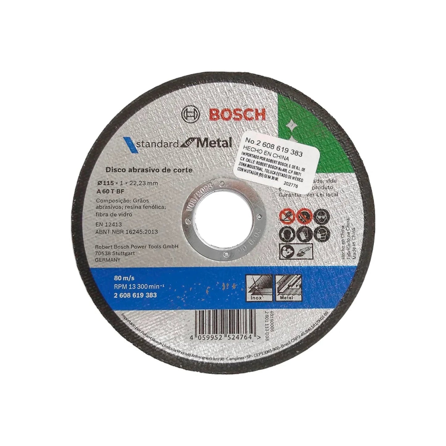 Disco de corte abrasivo Bosch Standard Metal 115mm para acero inoxidable y metal, 2608619383