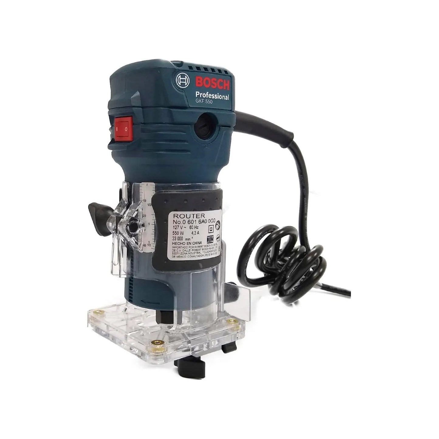 Router Bosch GKF 550 azul profesional 550W con base transparente para carpintería y acabados finos