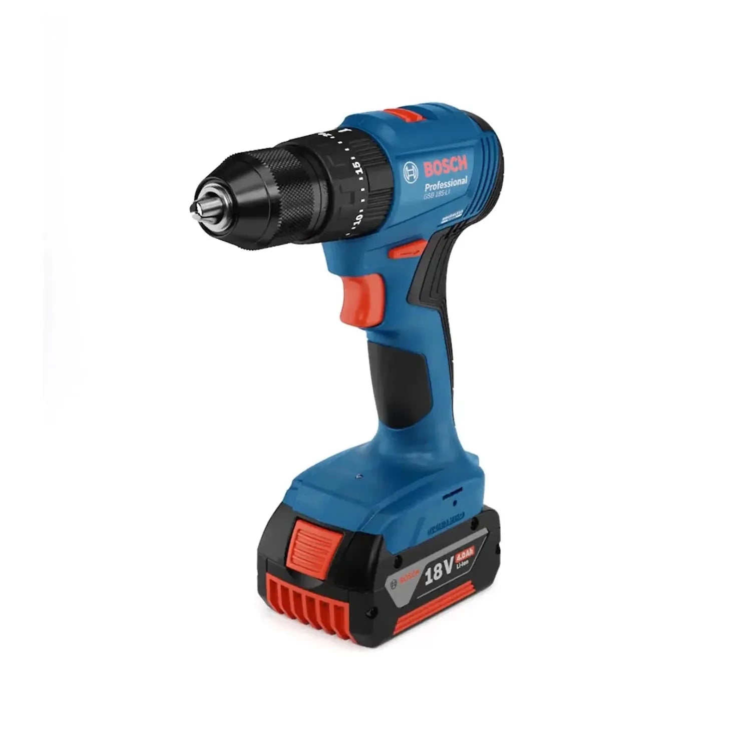 Taladro percutor inalámbrico Bosch GSB 185-LI de 18V con batería de litio 4.0Ah y motor brushless color azul y rojo