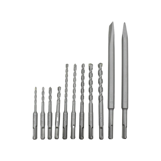 Juego de 11 brocas y cinceles SDS Plus Bosch para martillo perforador, ideal para concreto y mampostería.