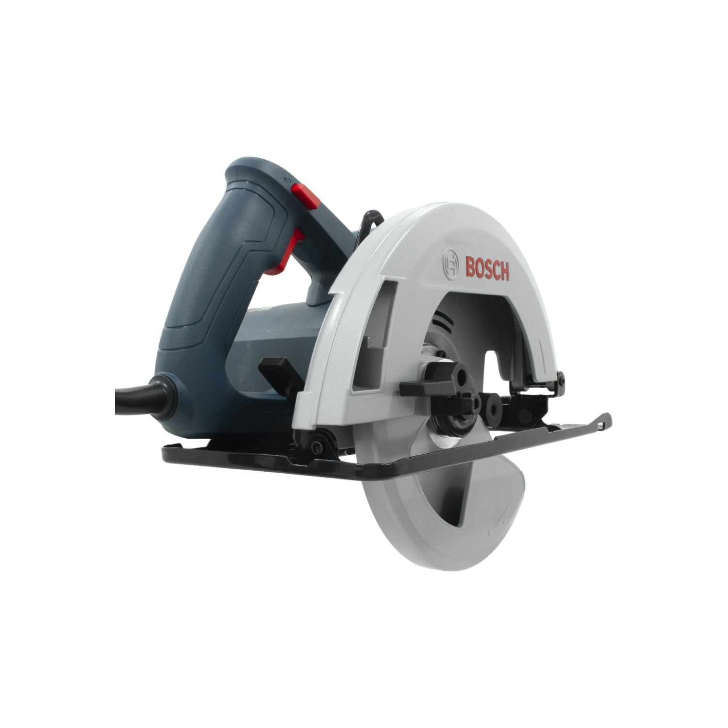Sierra circular Bosch eléctrica gris para corte de madera, mango ergonómico azul y gatillo rojo de seguridad.