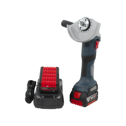 Esmeriladora angular inalámbrica Bosch 18V con batería de litio y cargador rápido, azul y negro