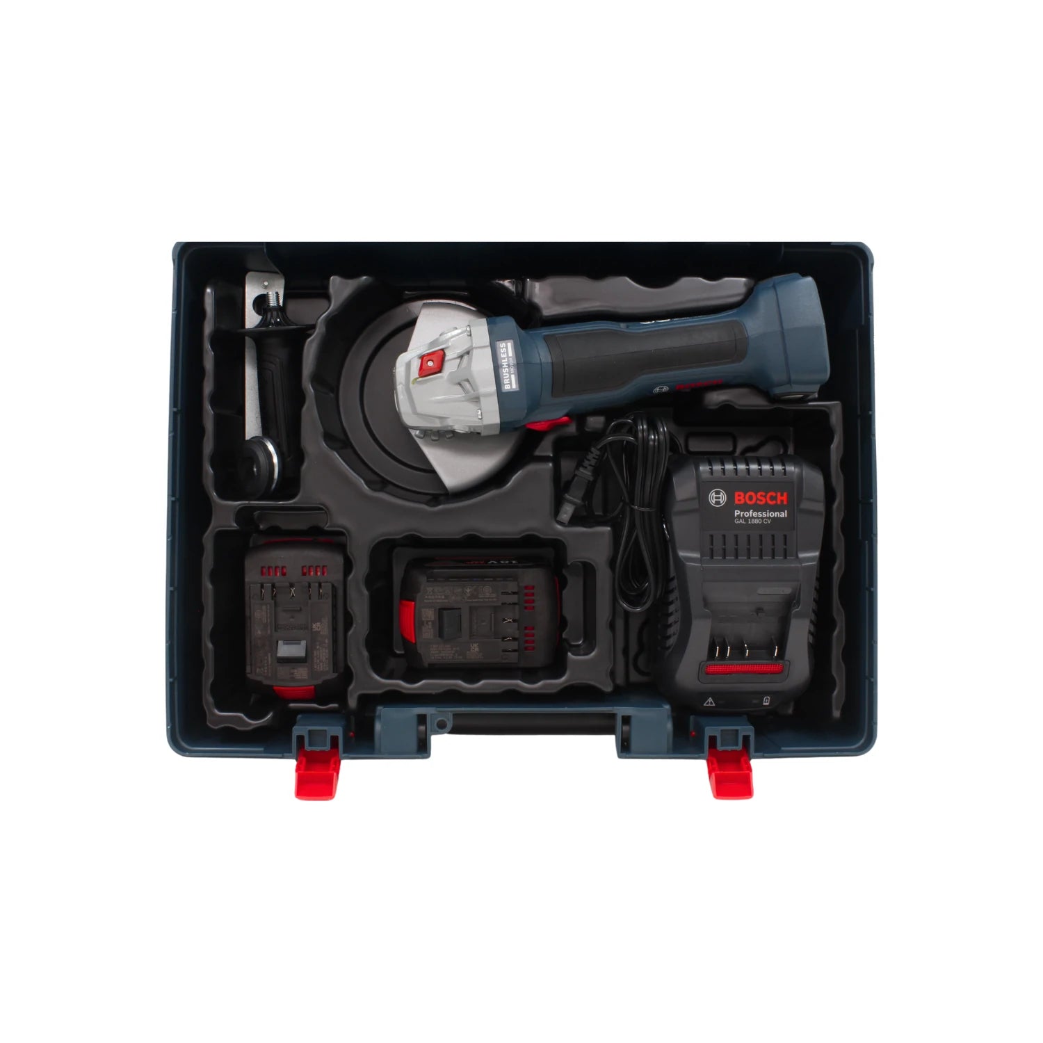 Esmeriladora inalámbrica Bosch Professional con motor brushless, 2 baterías, cargador y maletín.