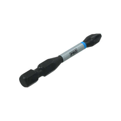 Punta destornillador doble PH2 negra, marca PRO, con banda gris y anillo azul.